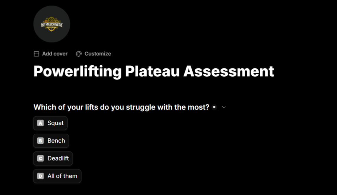 A picture of a Strength Plateau Quiz for Powerlifting Progress Interactive quiz designed by powerlifting coach julian kohler to identify training mistakes and help athletes break through strength plateaus with personalized recommendations.